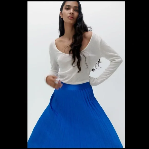 Zara Blue Satin Effect Pleated Midi Skirt - Picture 6 of 10